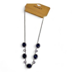 Monet Silver Tone Sapphire Blue & White Rhinestone Necklace 19" MSRP $34 NWT